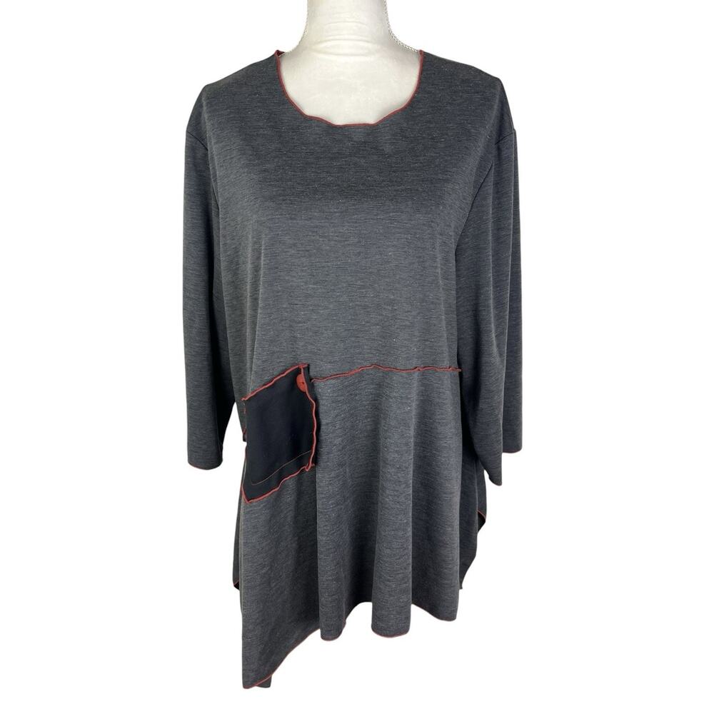 Noblu Lagenlook Artsy Asymmetrical Hem Tunic Top Patchwork 3/4 Sleeve Size Large